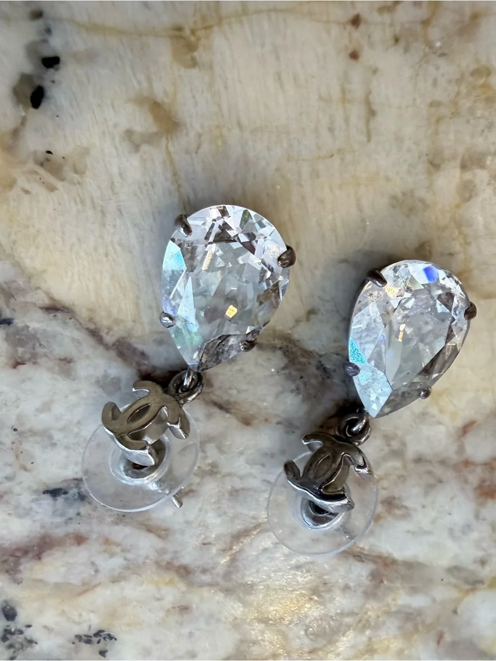 CHANEL Clear Crystal Teardrop Earrings with Silver CC Charm